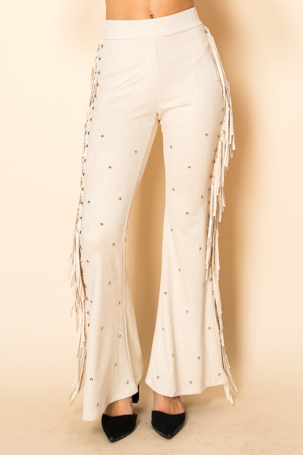 Pantalón flecos tachuela nude