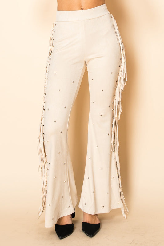 Pantalón flecos tachuela nude